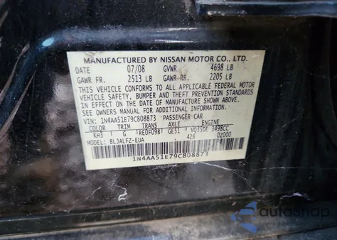 2009 Nissan Maxima S z USA, uszkodzony, nr VIN 1N4AA51E79C808873